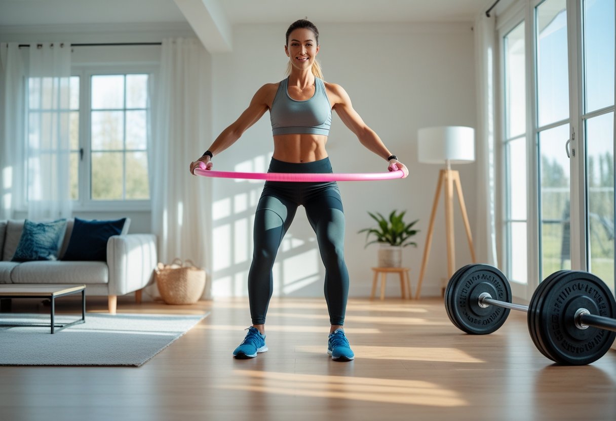 Effektiv træning derhjemme med hulahopring og vægtstang med skiver tilbud